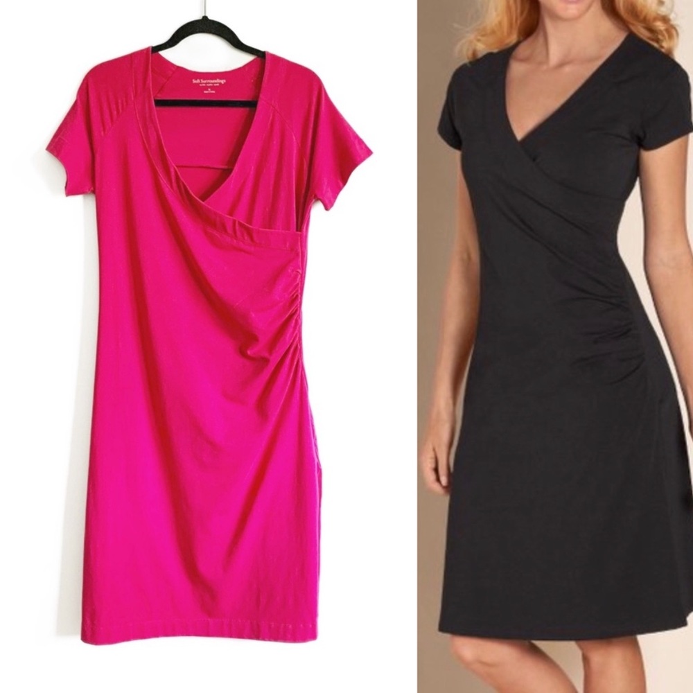 Soft Surroundings Shapely Anywhere Faux Wrap Dress Fuchsia Pink Short Sleeve